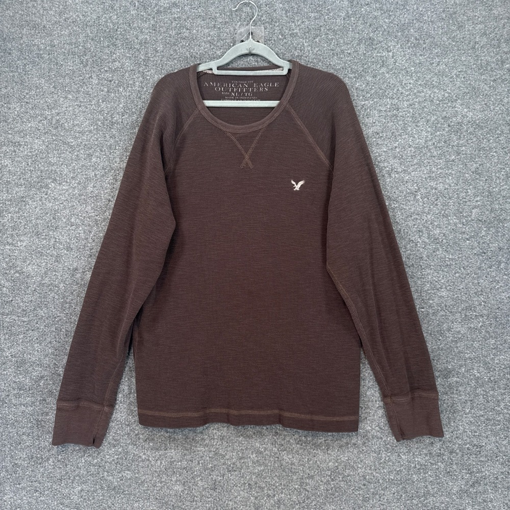 American Eagle Thermal Shirt Mens XL Brown Waffle Knit Raglan Long Sleeve Y2K